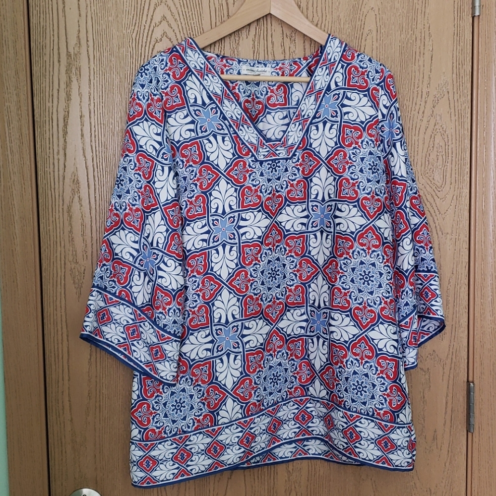 Creme Fraiche red white blue mosaic print tunic 3/4 sleeve Size Medium